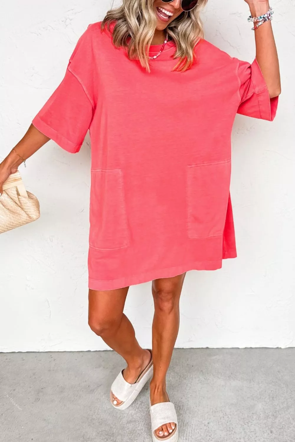 Coral Paradise Drop Shoulder Loose Casual T Shirt Mini Dress, image 3