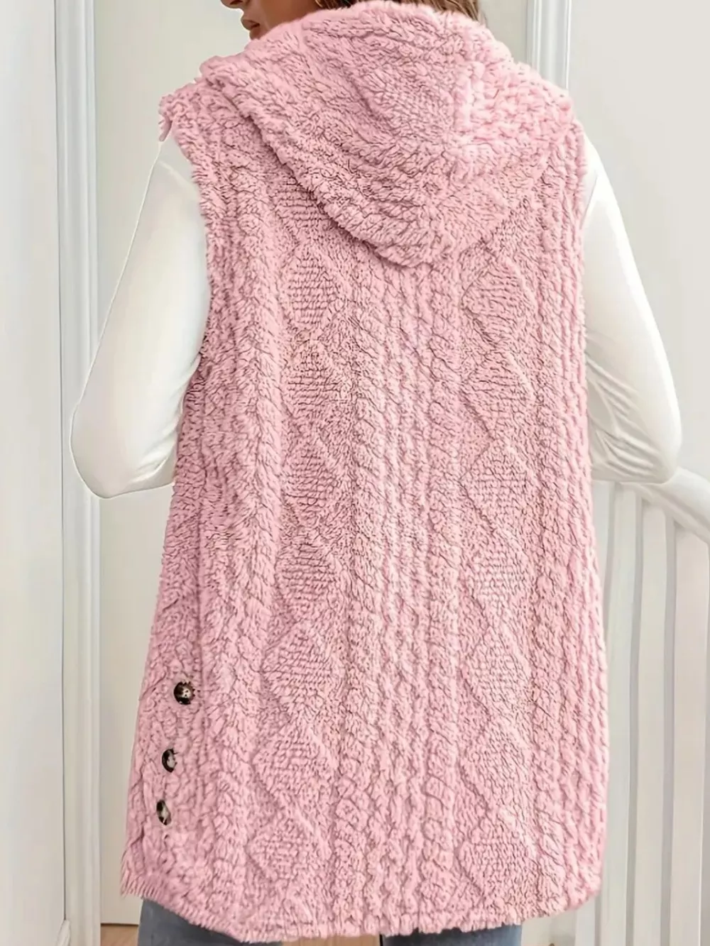 Hooded Button-Up Sherpa Vest Coat, image 14