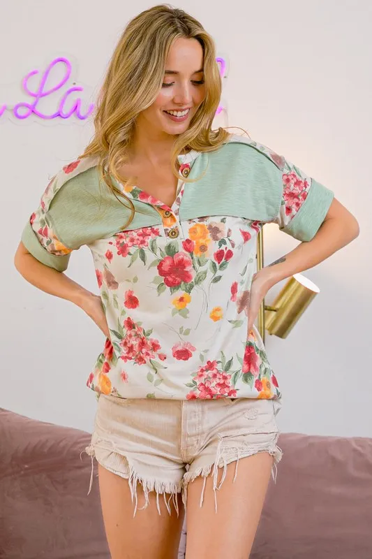 Floral Button Detail Round Neck Short Sleeve Terry T-Shirt, image 4