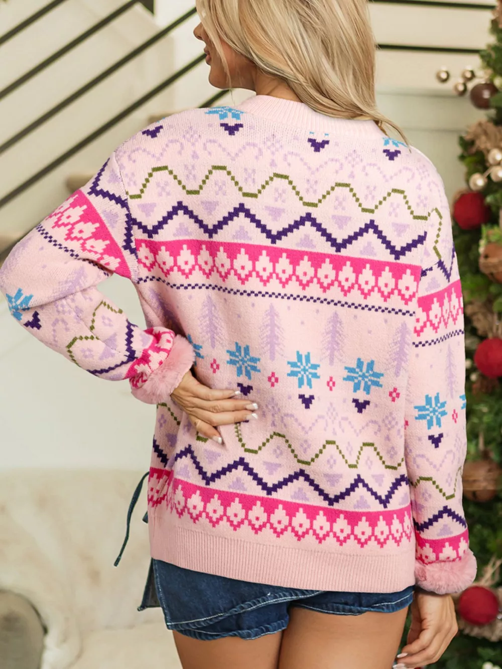 Multicolour Ethnic Christmas Pattern Knit Feather Cuffed Sweater, image 2
