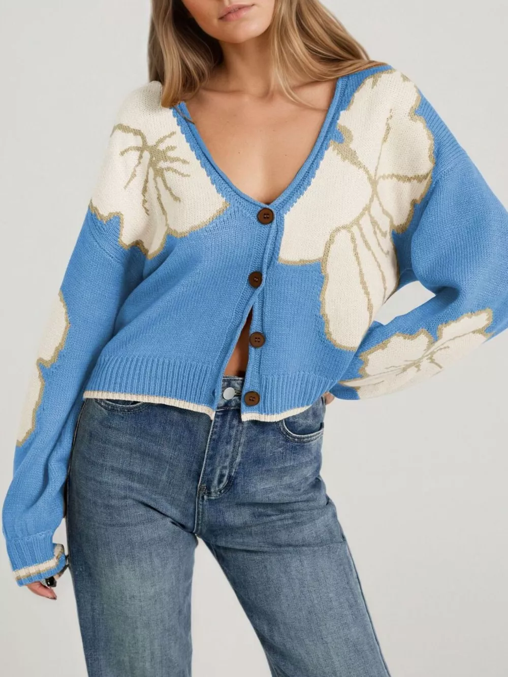 V-Neck Button-Down Knit Cardigan, image 9