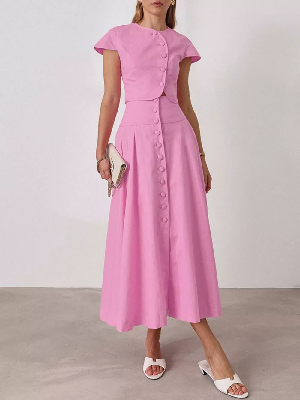 Cap Sleeve Button-Down Crop Top and Midi Skirt Set, image 3