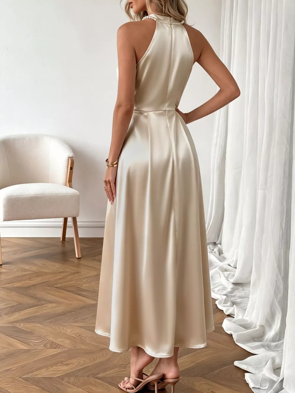 Pearl Halter Satin Midi Dress, image 6