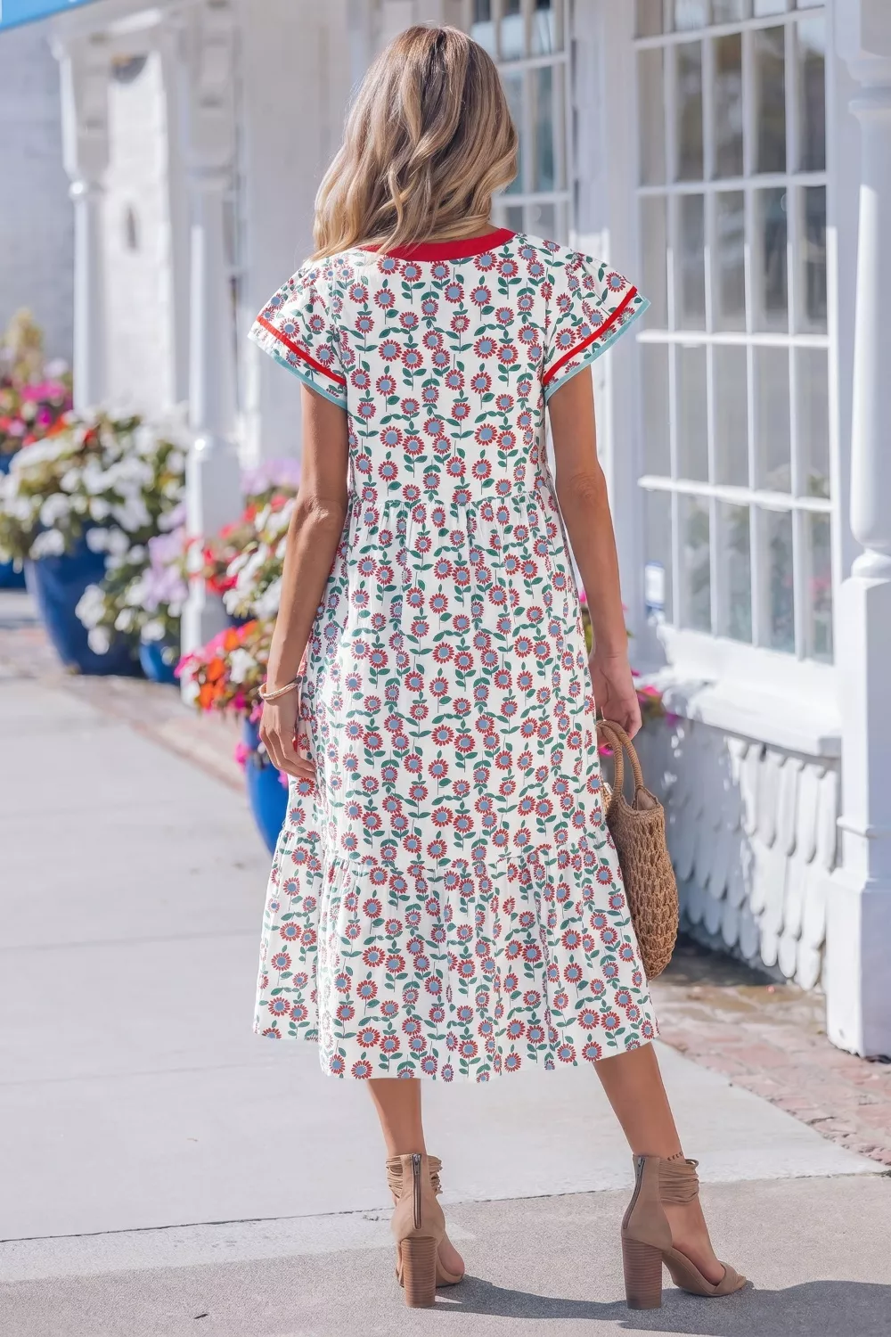 Floral Print Ruffle Sleeve Tiered Midi Dress, image 3