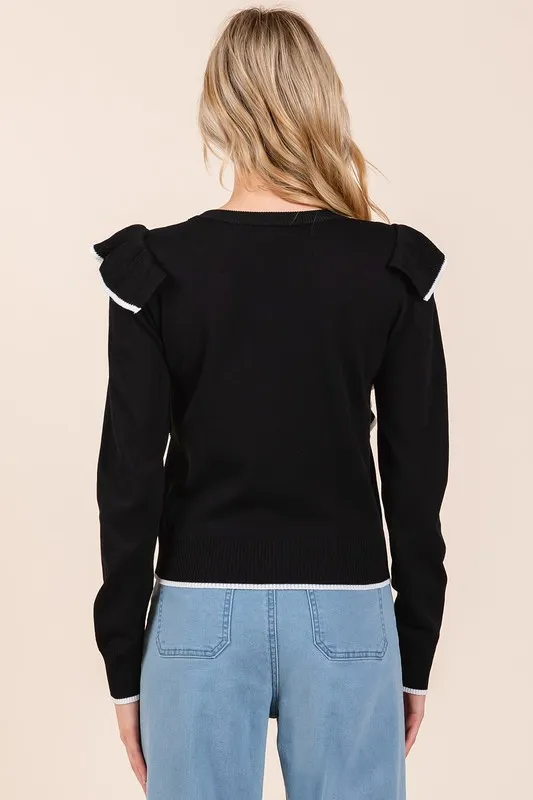 Contrast Trim Ruffled Round Neck Knit Top, image 6
