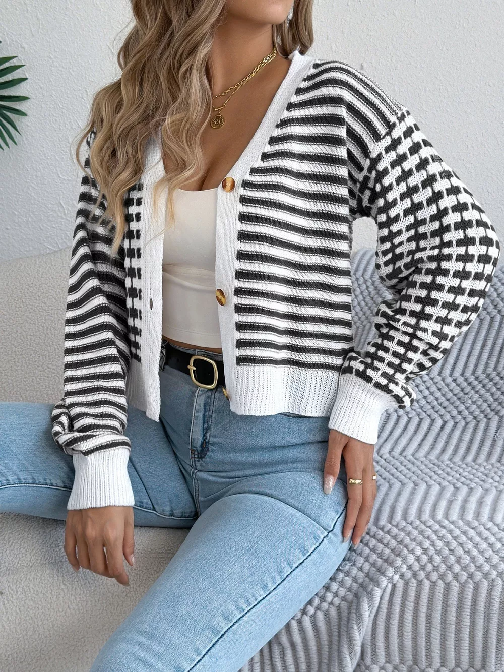 Striped Button-Up Cropped Cardigan, image 8