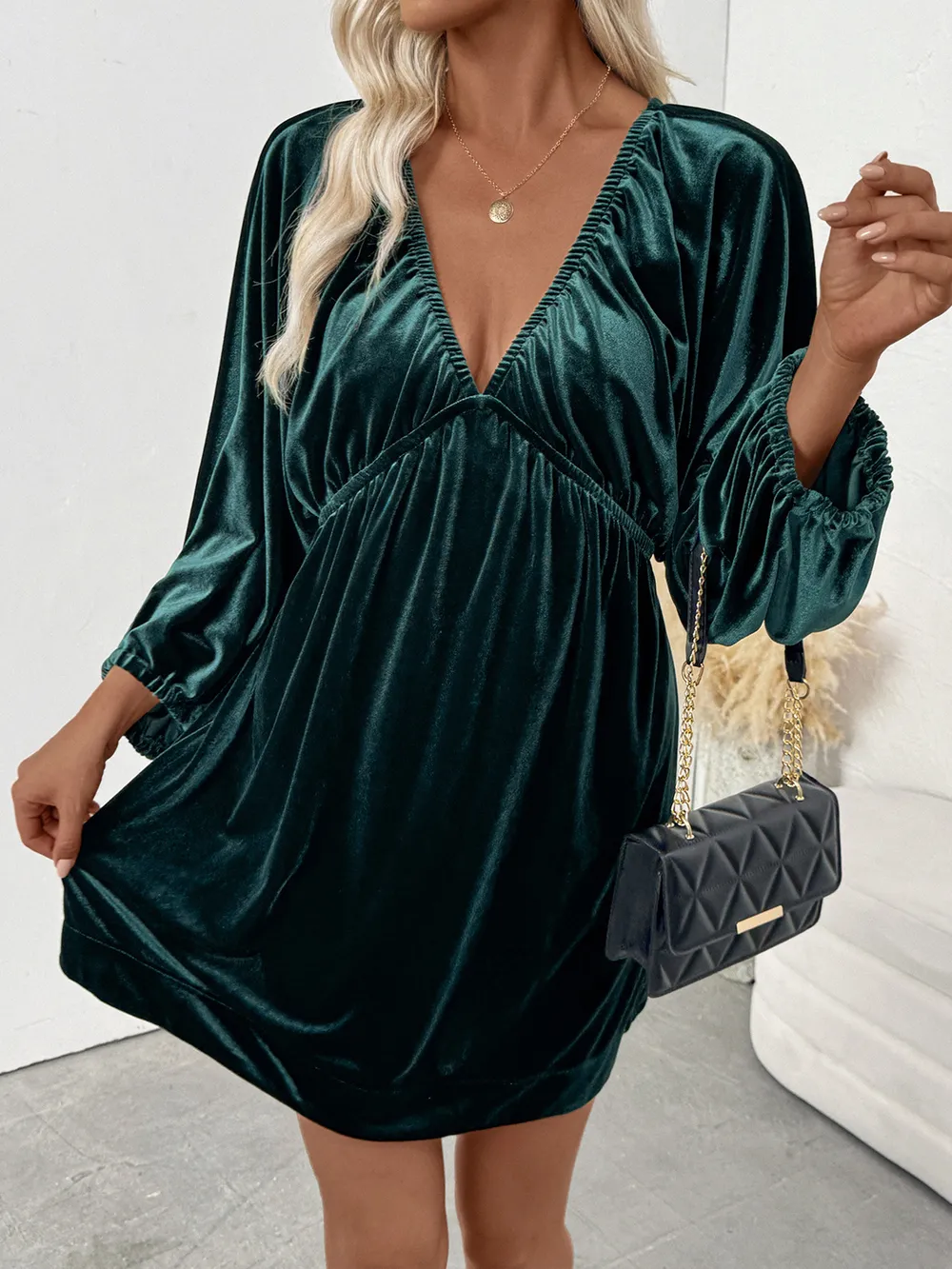 Ruched V-Neck Balloon Sleeve Dress, image 7
