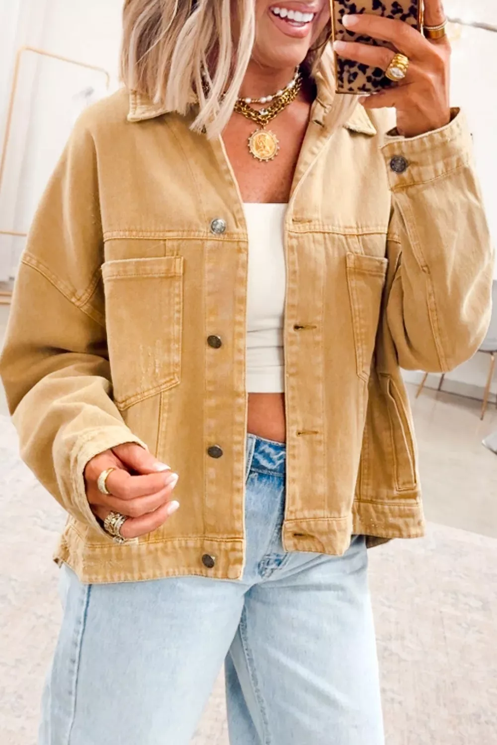 Metal Button Front Long Sleeve Collar Denim Jacket, image 3