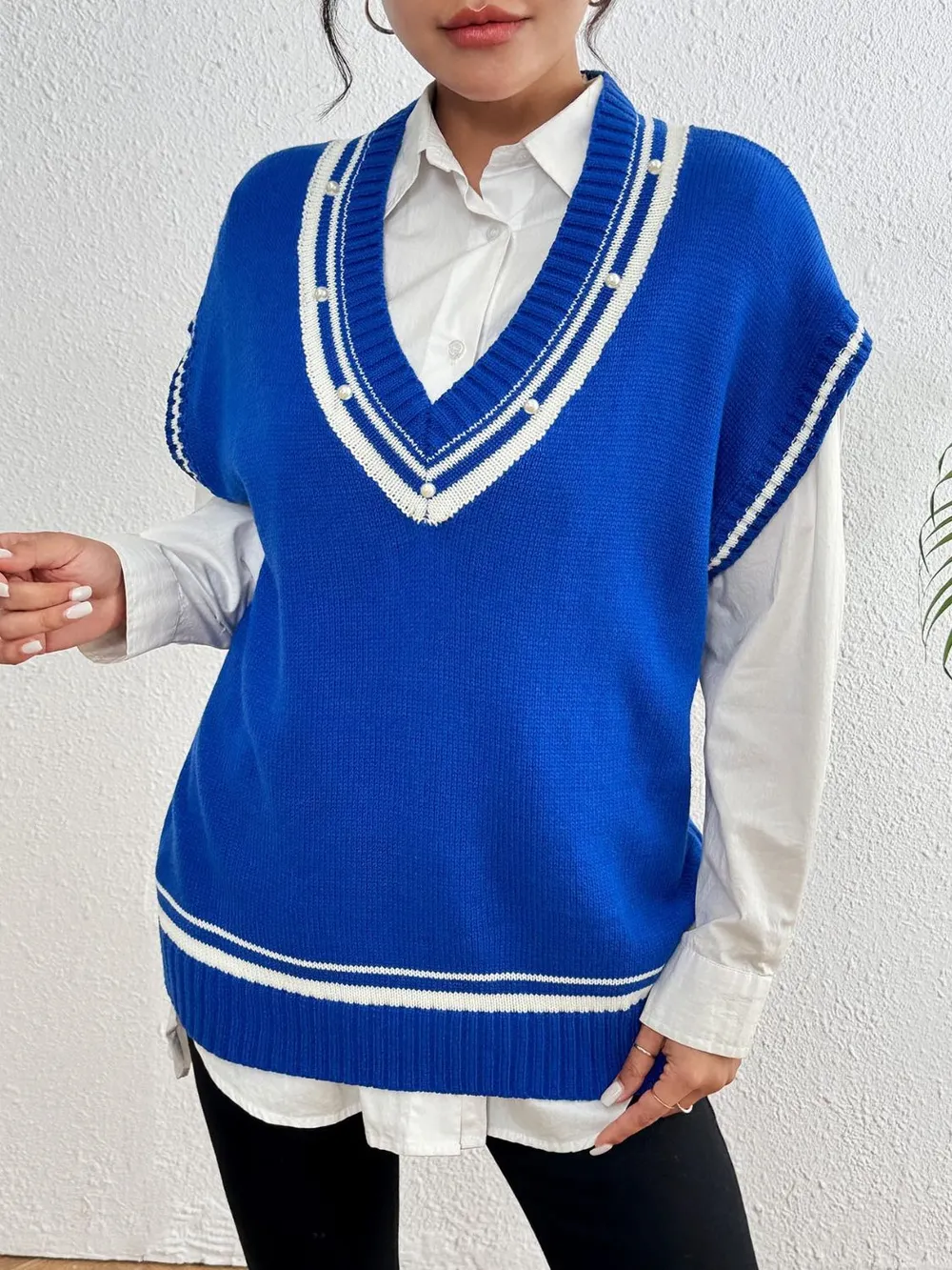 Pearl Trim Contrast V-Neck Sweater Vest, image 14