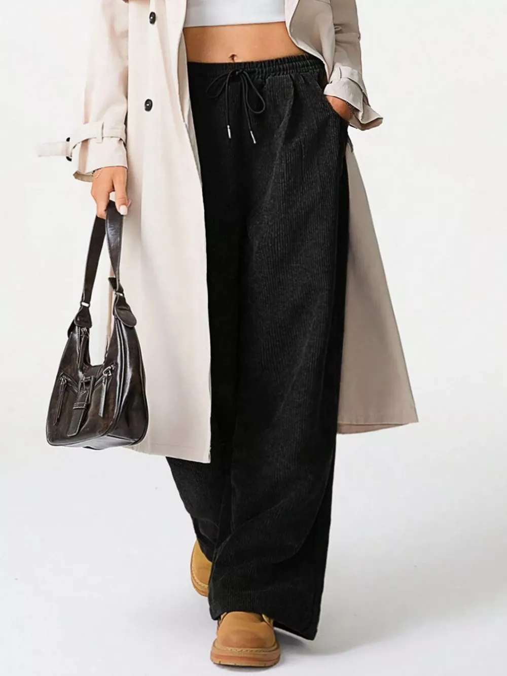 Wide Leg Corduroy Drawstring Pants, image 3