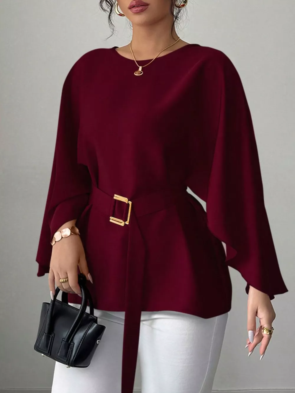 Round Neck Belt Batwing Sleeve Blouse, image 14