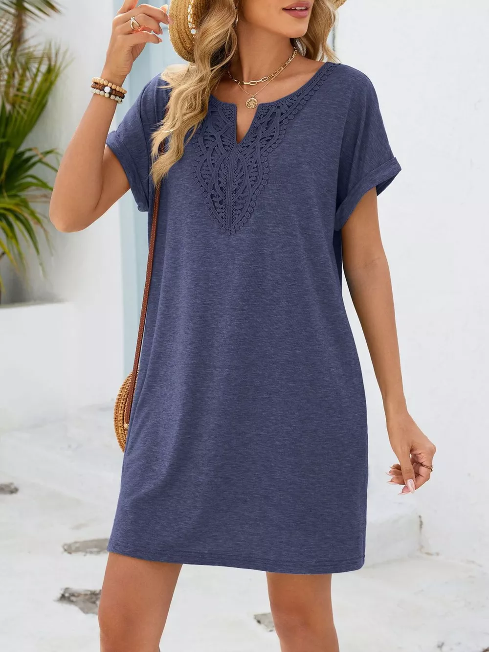 Lace Trim Notched Short Sleeve Dress, image 4