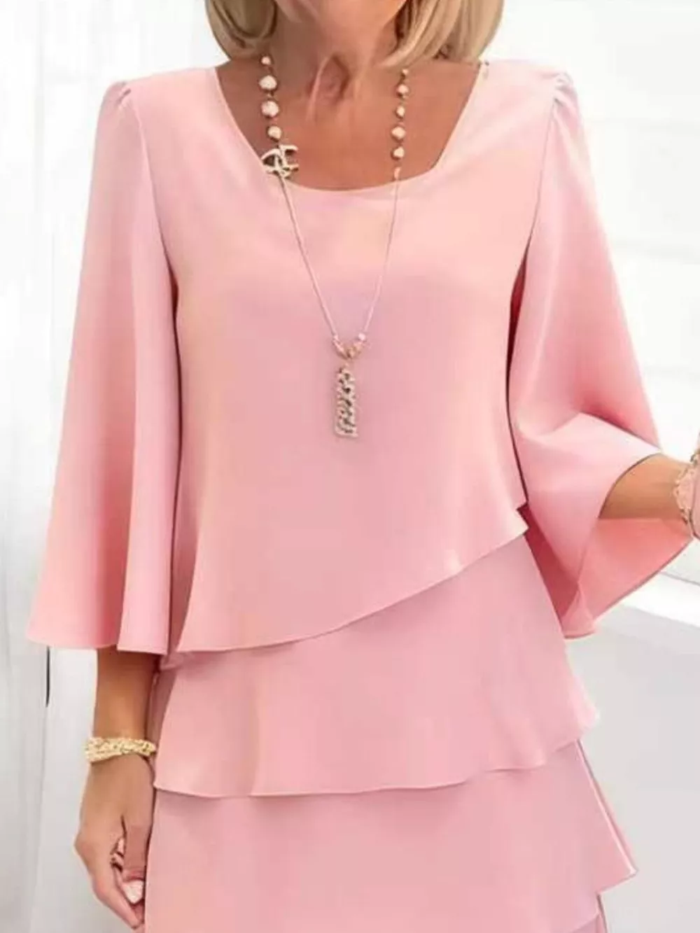 Full Size Ruffled Layered 3/4 Sleeve Dress Plus Size, image 9