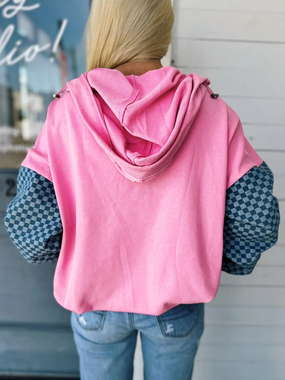 Half Zip Checkered Sleeve Hoodie, image 5
