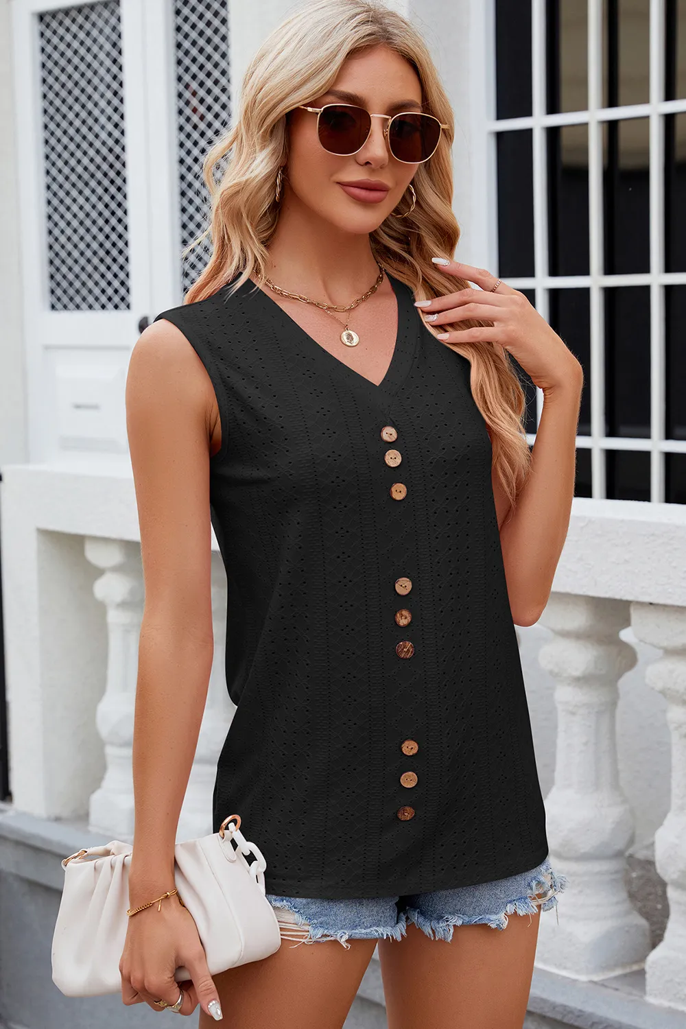 Decorative Button Eyelet V-Neck Tank, image 6