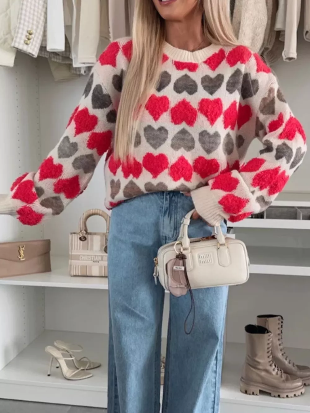 Heart-Patterned Round Neck Sweater, image 2