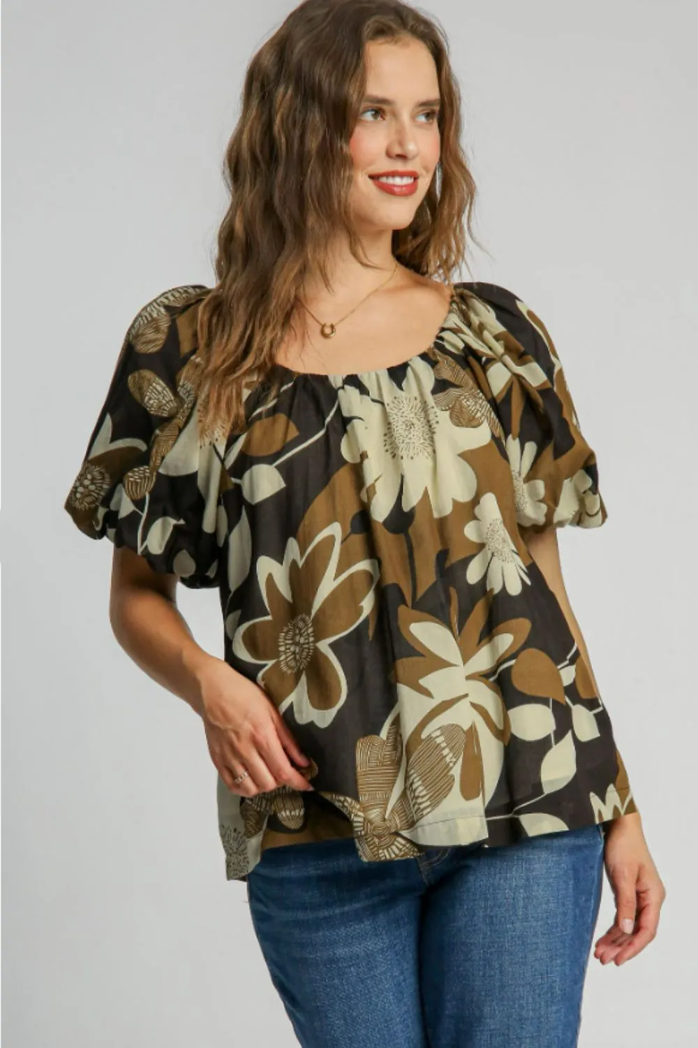 Full Size Print Round Neck Puff Sleeve Top Plus Size