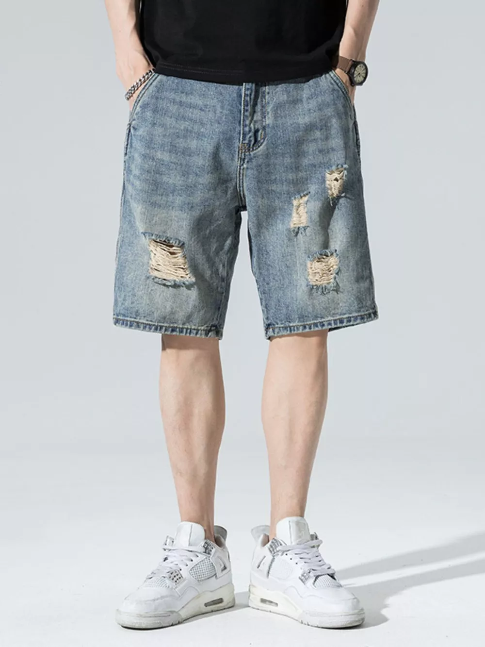Men's Distressed Wide Leg Denim Shorts, image 2