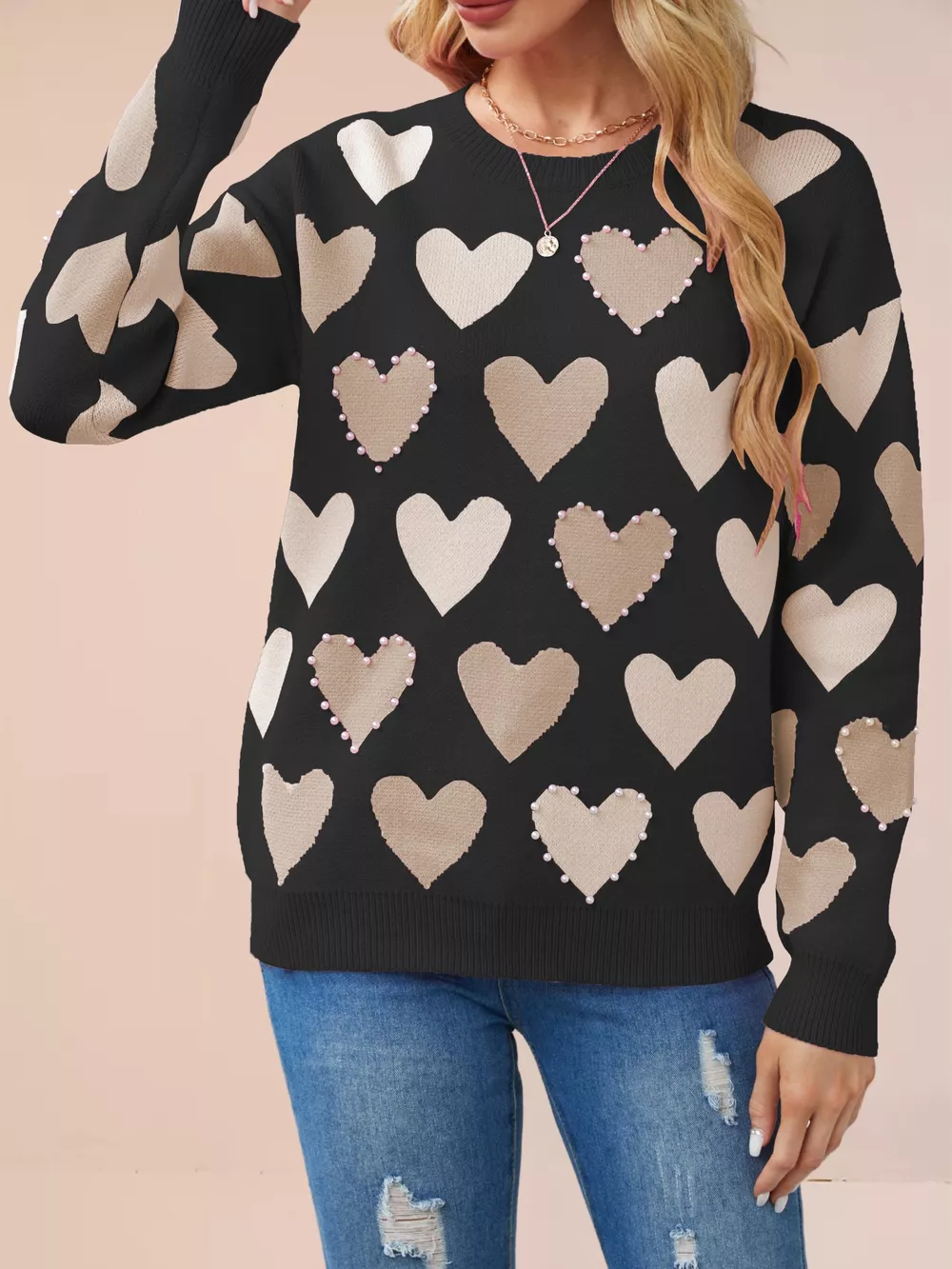 Heart Pattern Beaded Round Neck Sweater, image 12