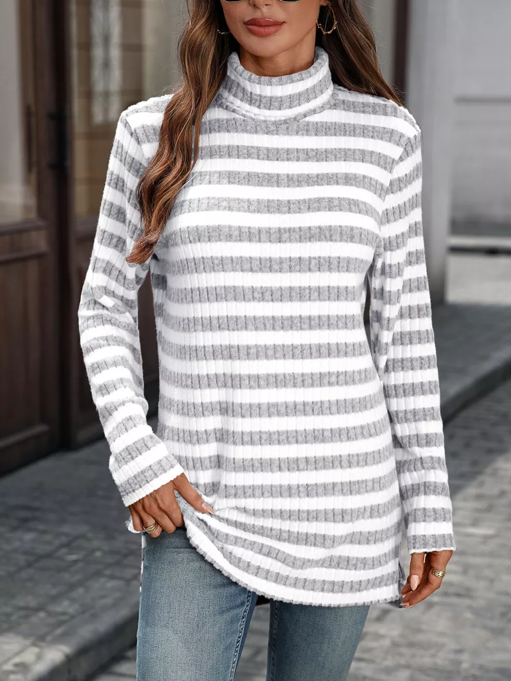 Striped Ribbed Knit Turtleneck Long Sleeve T-Shirt, image 13