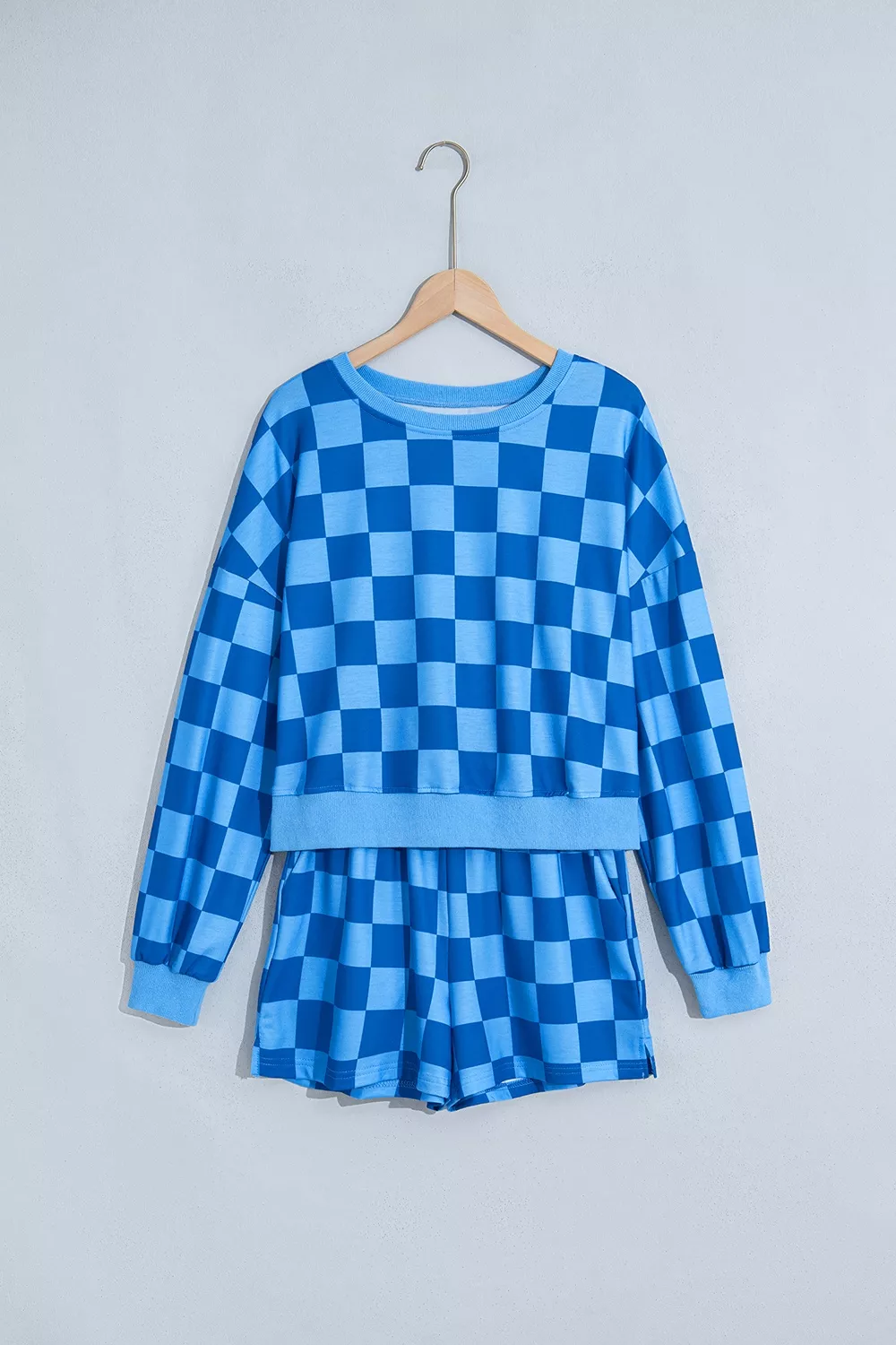 Plaid Checkered Long Sleeve Crop Top Elastic Waist Shorts Two Piece Set, image 4