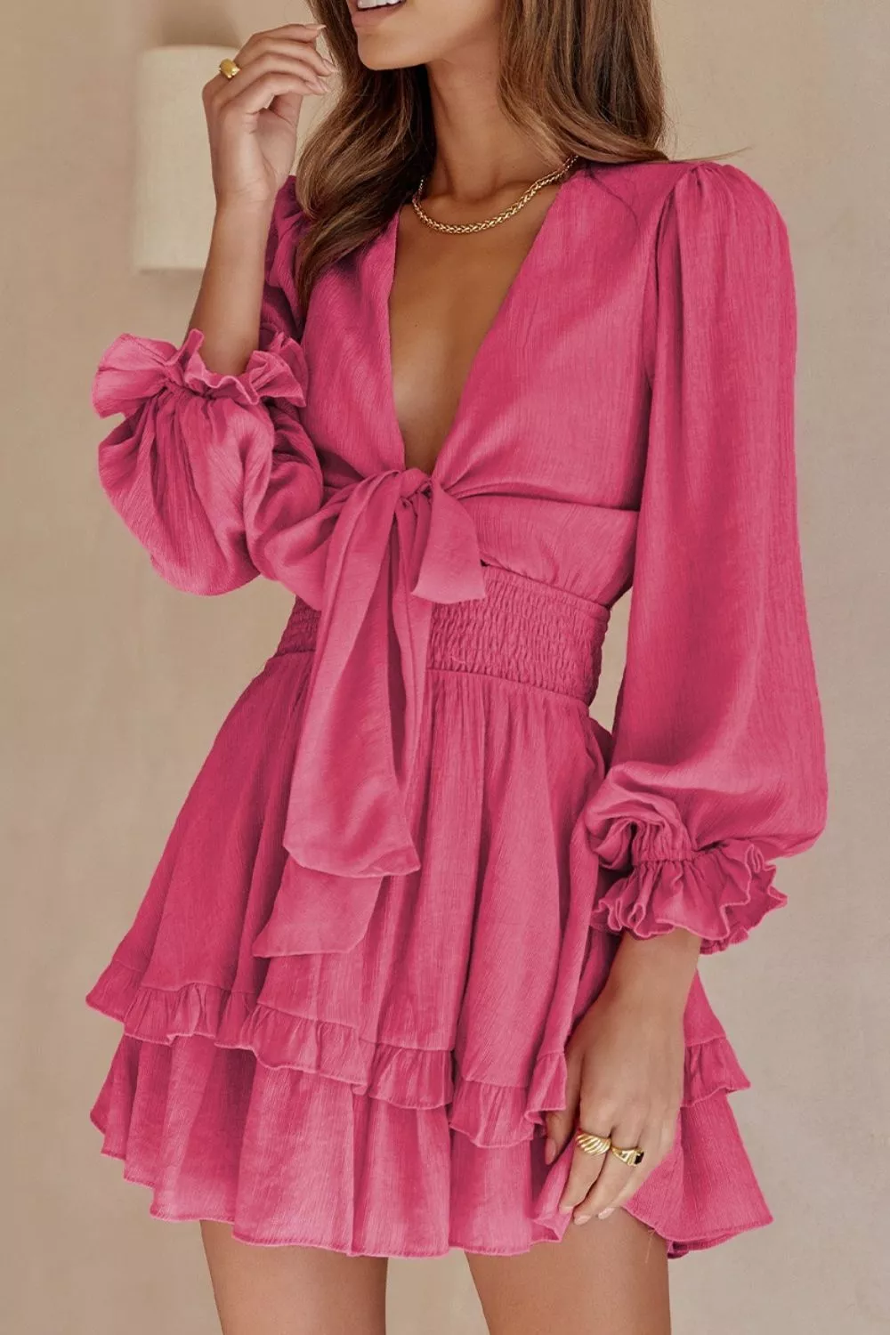 Elegant Tie-Front Ruffle Mini Dress with Smocked Wiast, image 20