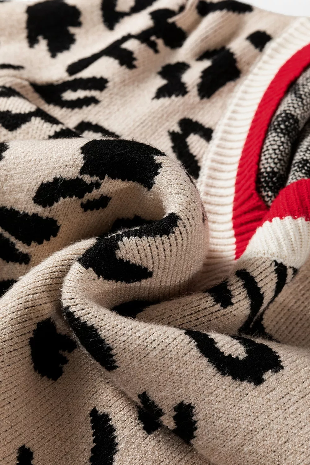 Leopard Pattern V-Neck Contrast Rib Knitted Sweater, image 9
