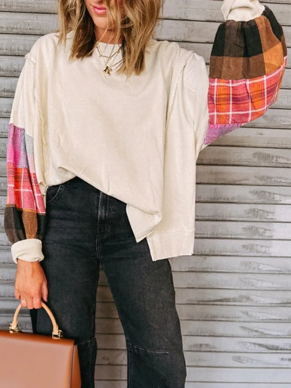 Plaid Sleeve Contrast Casual Sweatshirt, image 3