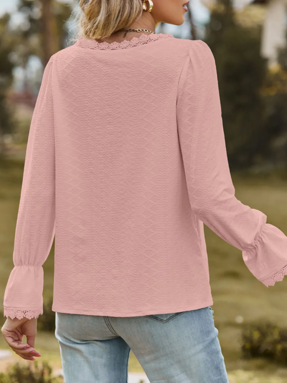 Lace Trim V-Neck Blouse with Flounce Sleeves, image 24