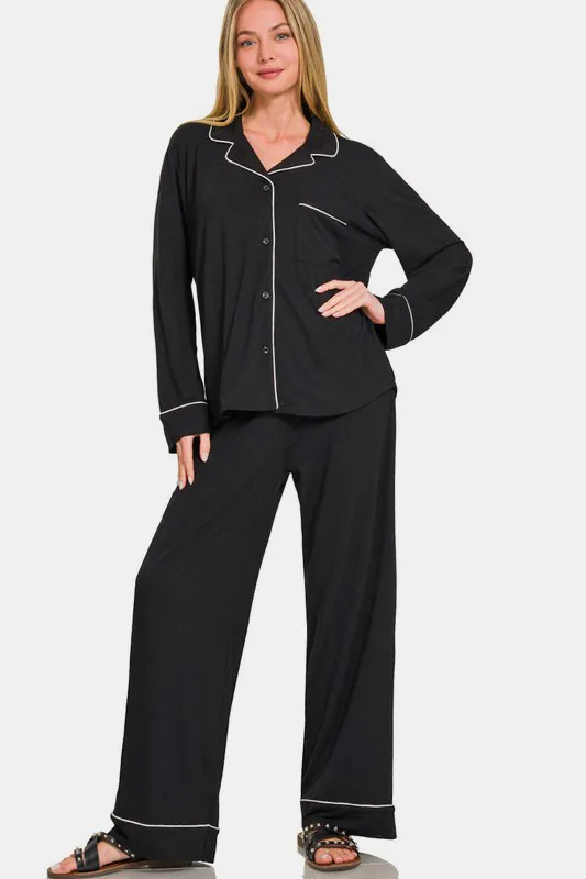 Button Down Long Sleeve Top and Pants Lounge Set, image 3