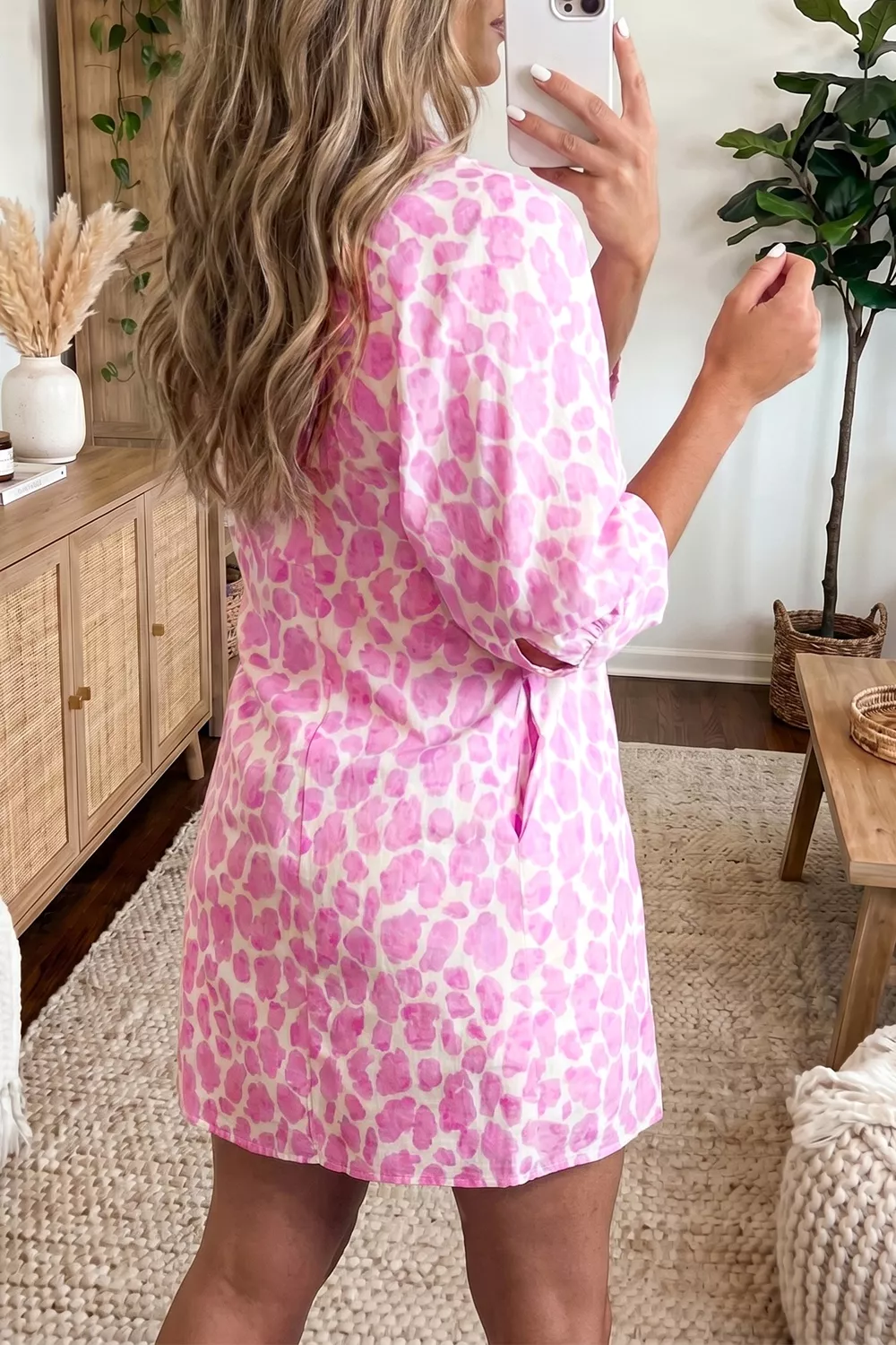 Abstract Leopard Print Tie Waist Puff Sleeve Mini Shirt Dress, image 2
