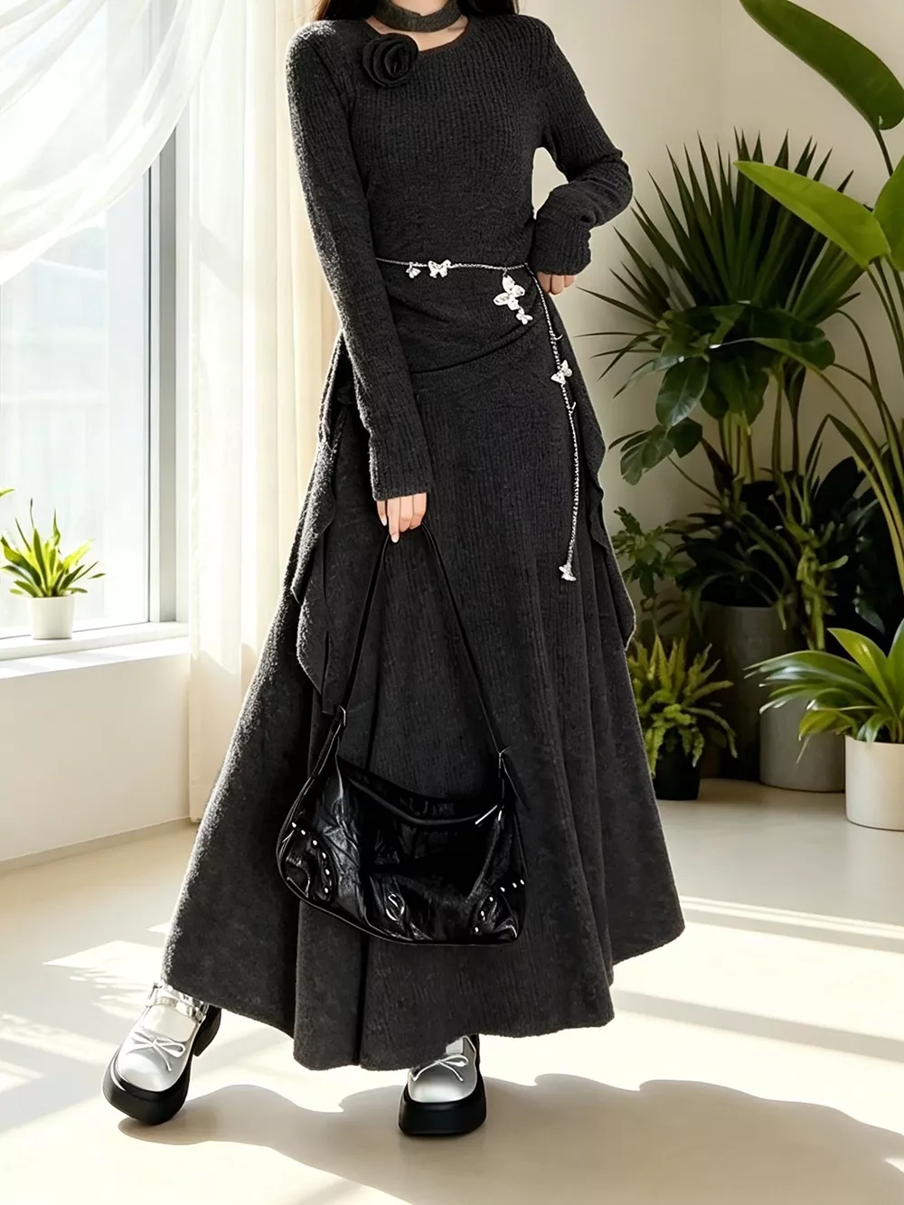 Ribbed Knit Long Sleeve Top and Skirt Set, image 2