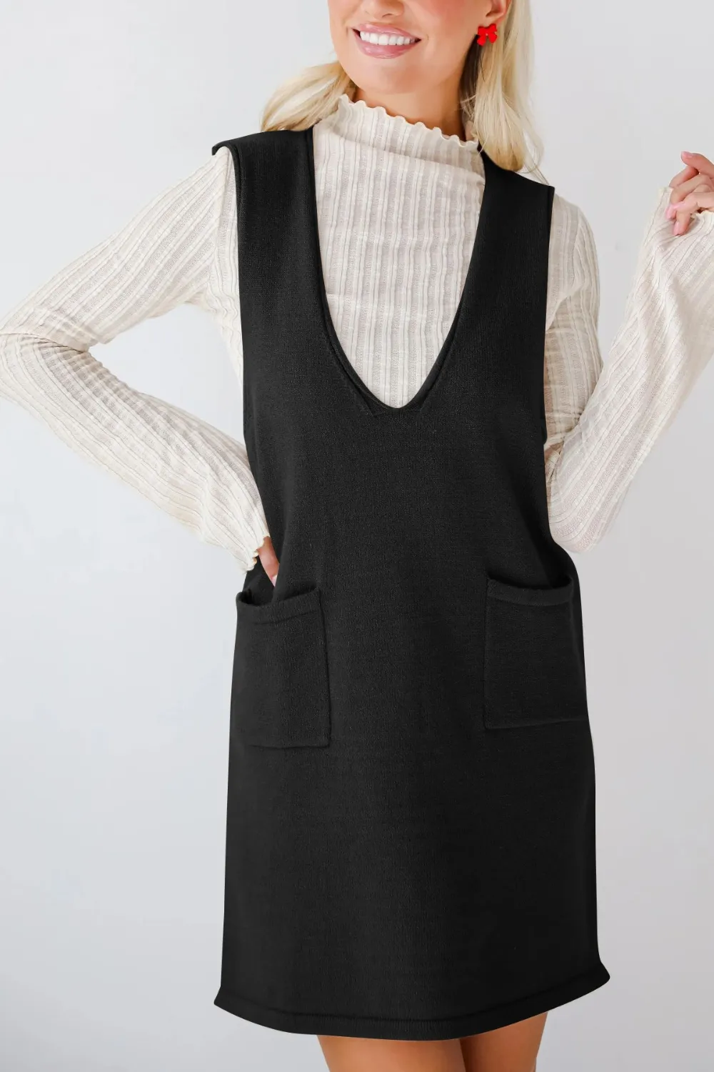 Pocketed V-Neck Mini Sweater Overall Dress, image 14