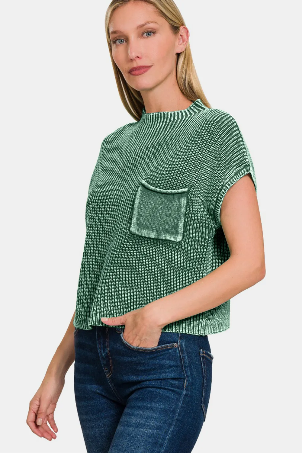 Washed Mock Neck Short Sleeve Cropped Sweater, image 3