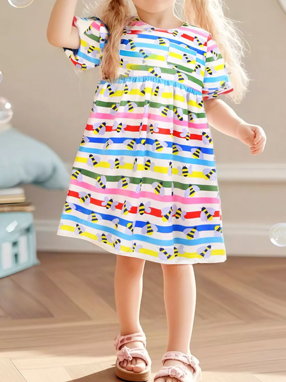 Children's Striped Bee Print Casual Dress