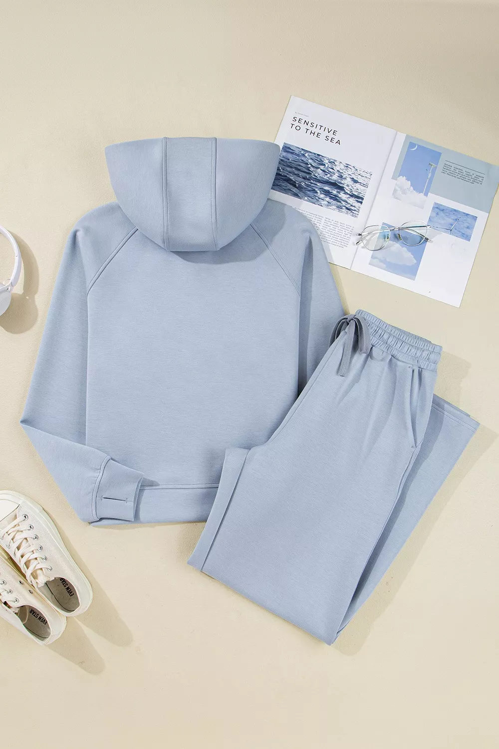 Half Zip Thumbhole Sleeve Hoodie and Pants 2pcs Outfit, image 10