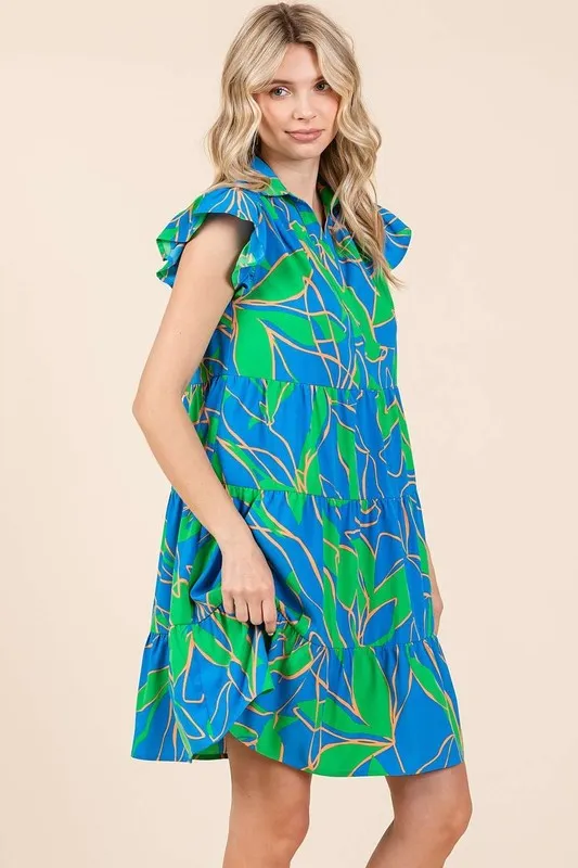 Leaf Print Ruffle Sleeve Tiered Mini Dress, image 5