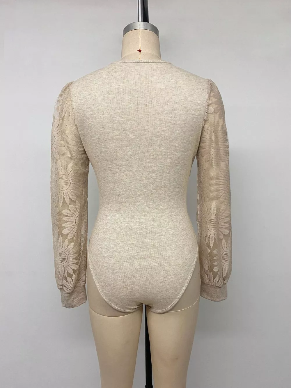 V-Neck Lace Trim Floral Mesh Sleeve Bodysuit, image 12