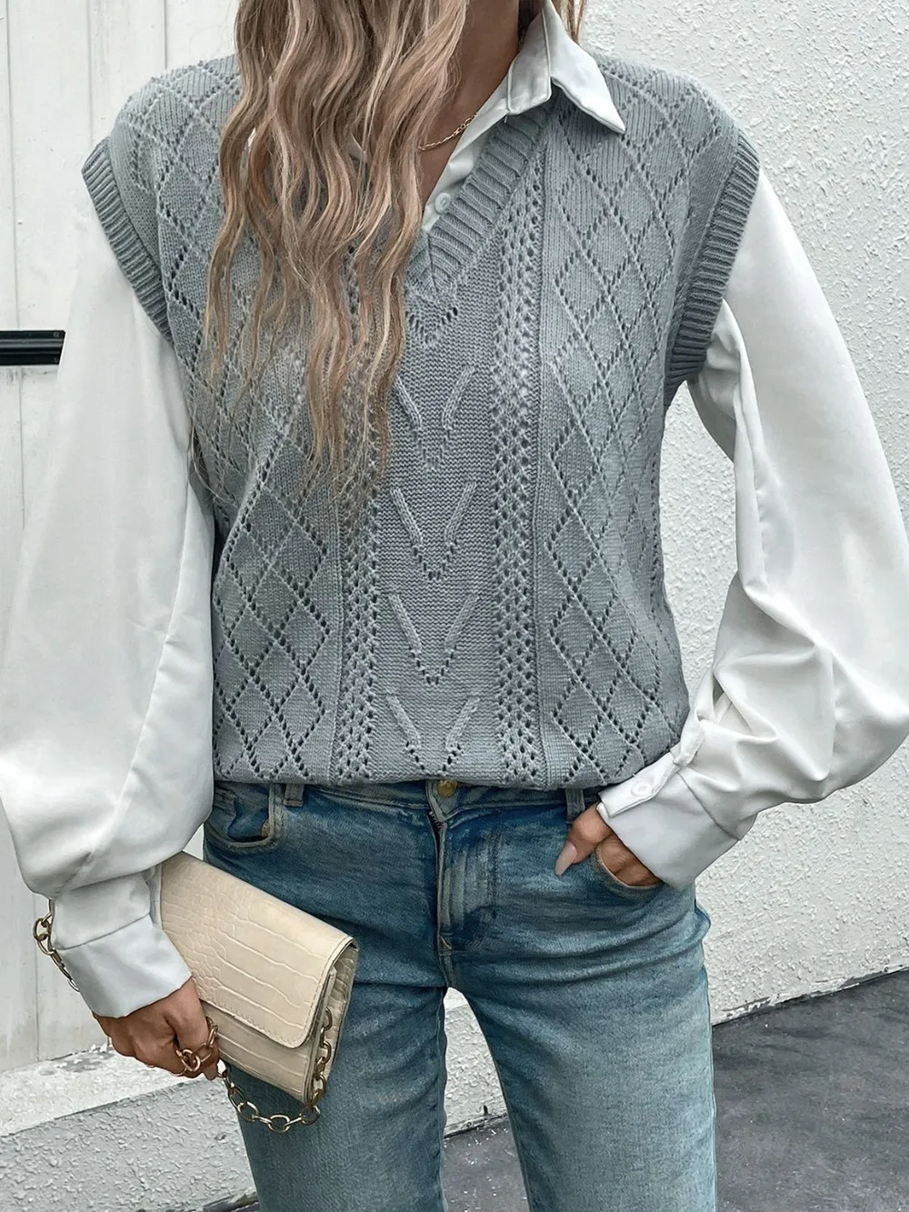 Openwork V-Neck Sweater Vest, image 4