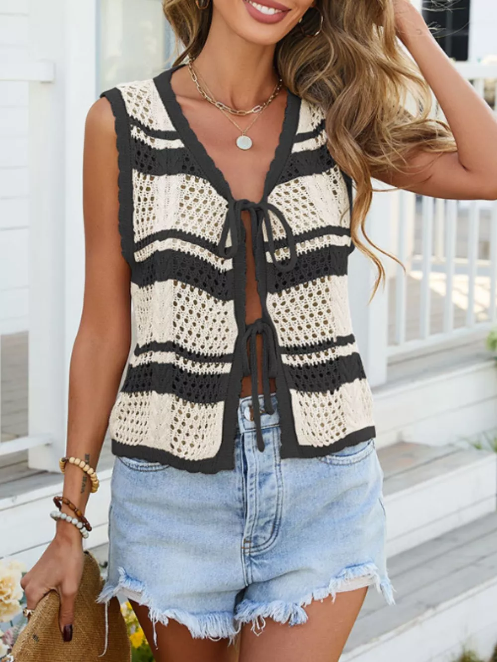 Striped Crochet Tie-Front Cardigan, image 3