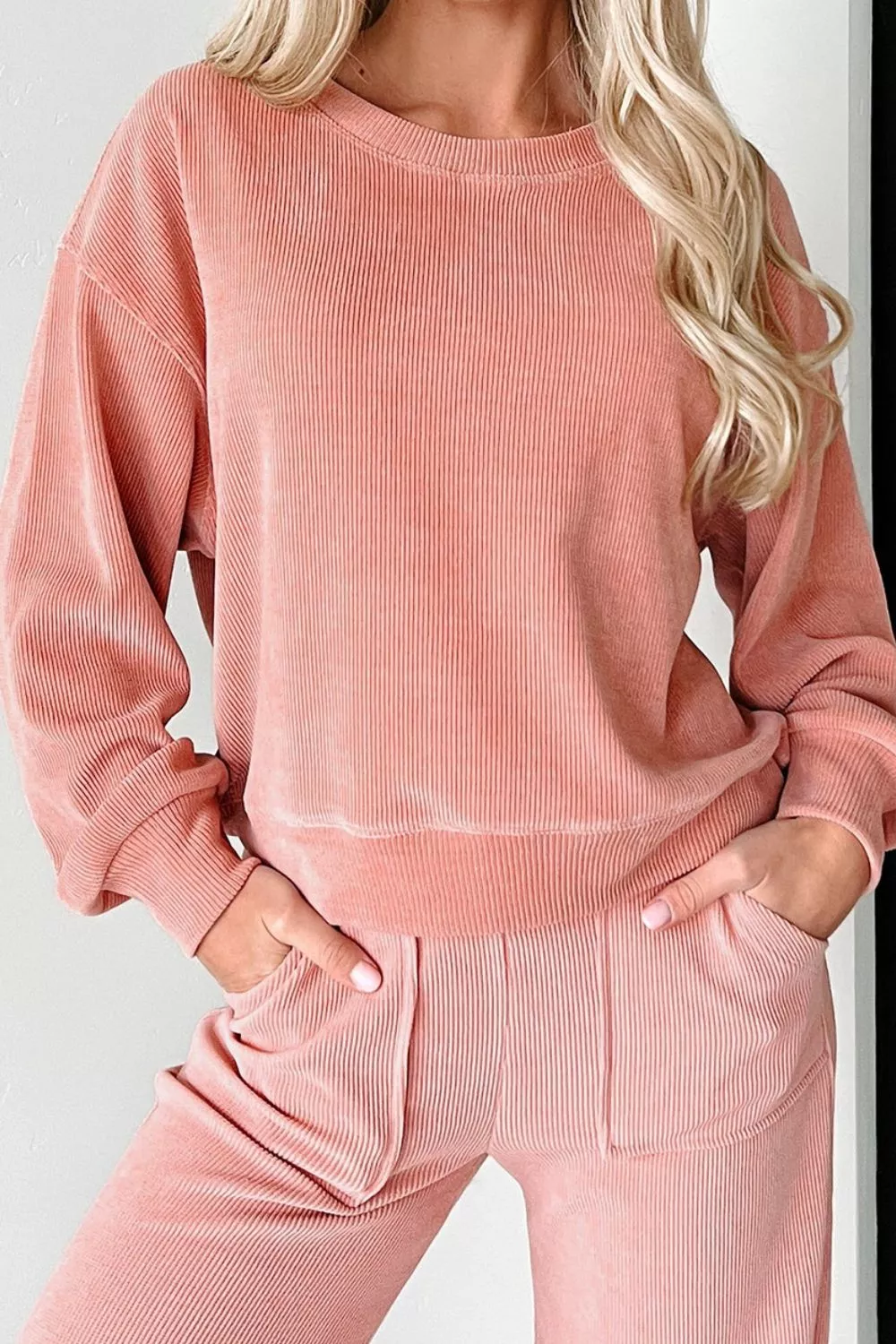 Ribbed Round Neck Top and Pants Set, image 14