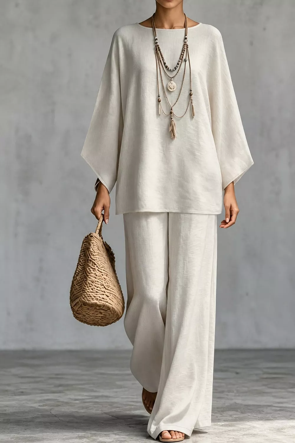 Linen Boat Neck Top and Wide-Leg Pants Set, image 3
