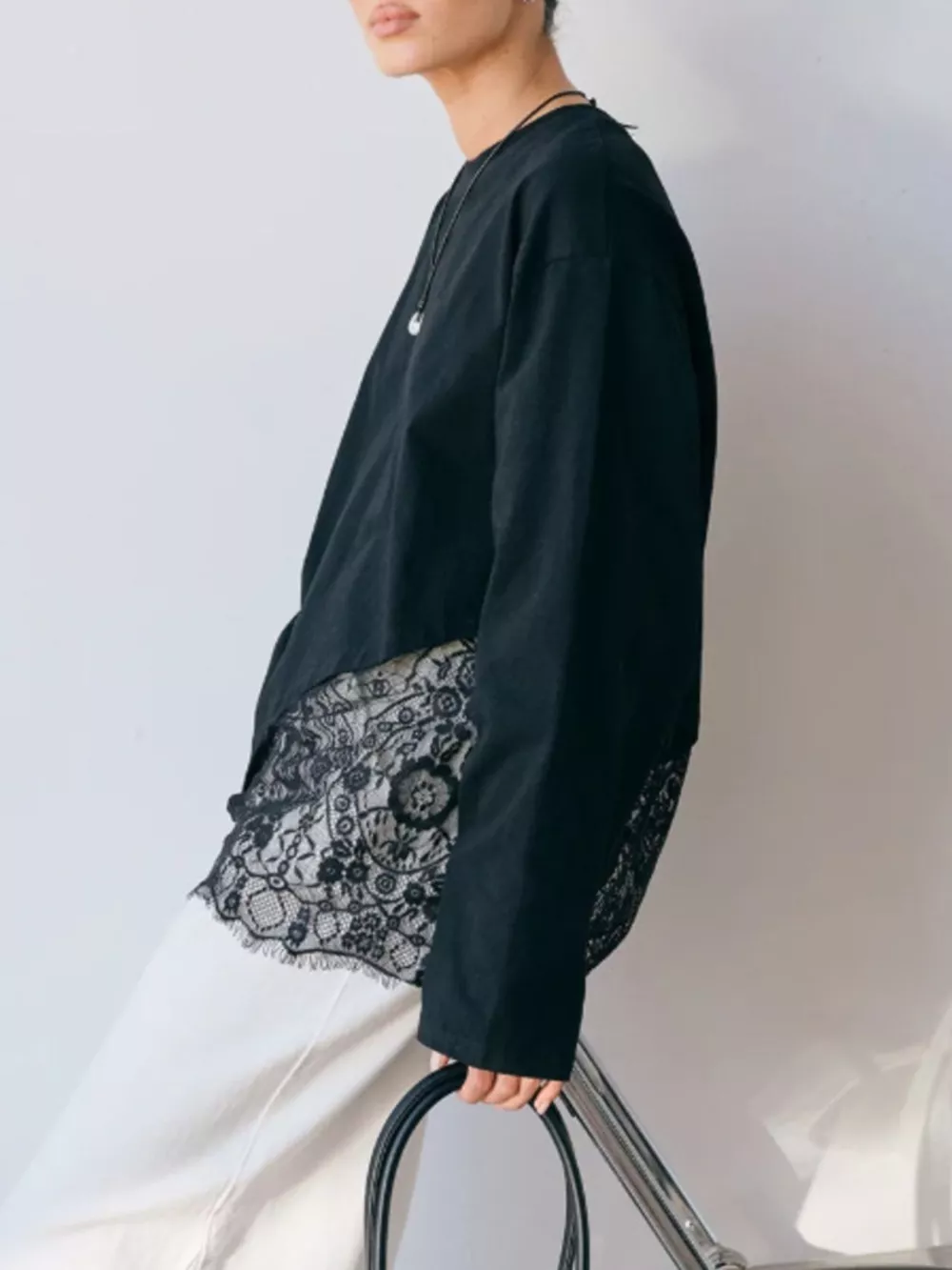 Long-Sleeve T-Shirt with Asymmetric Lace Hem, image 11
