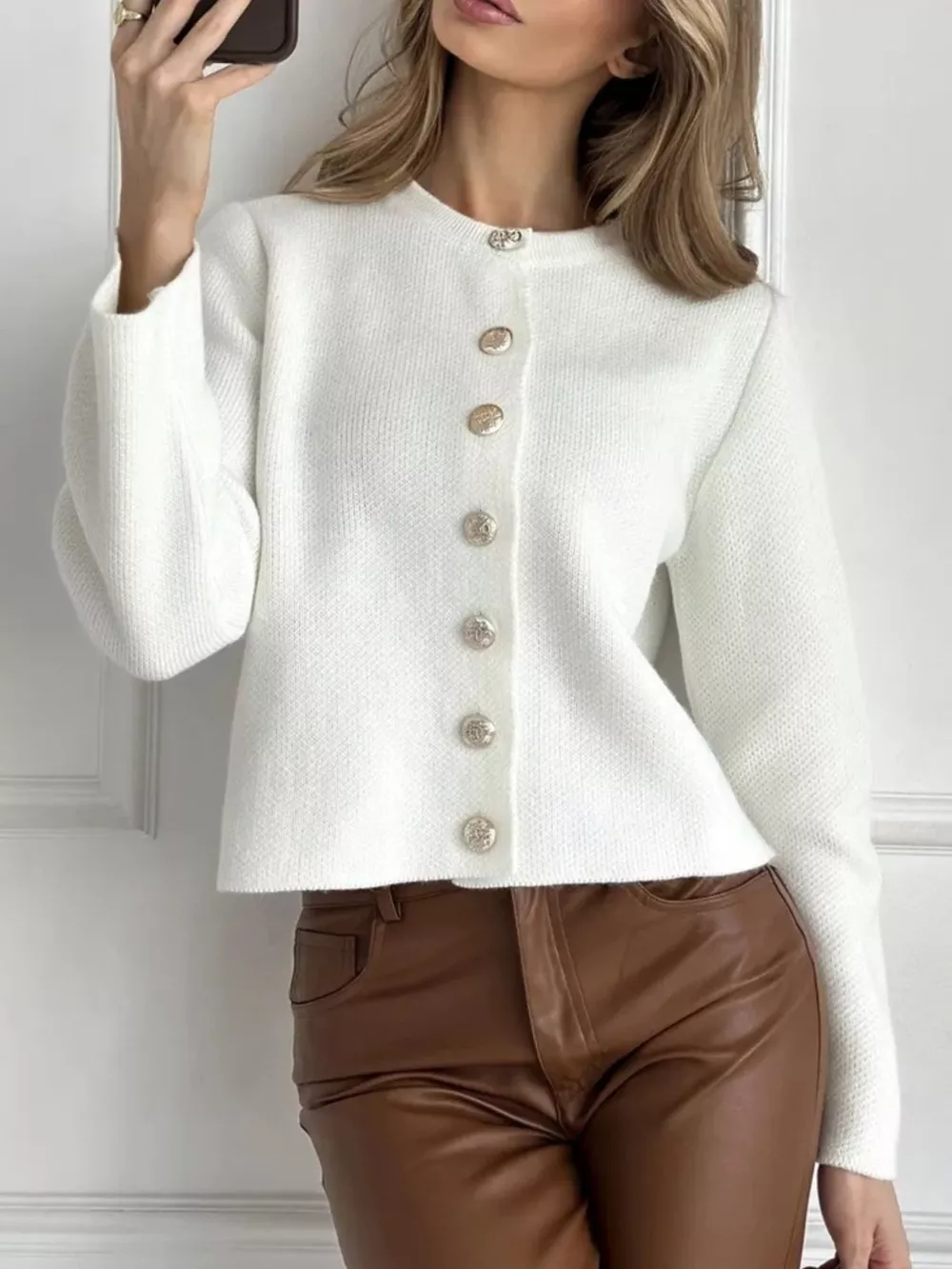 Crew-Neck Button Down Cardigan, image 6