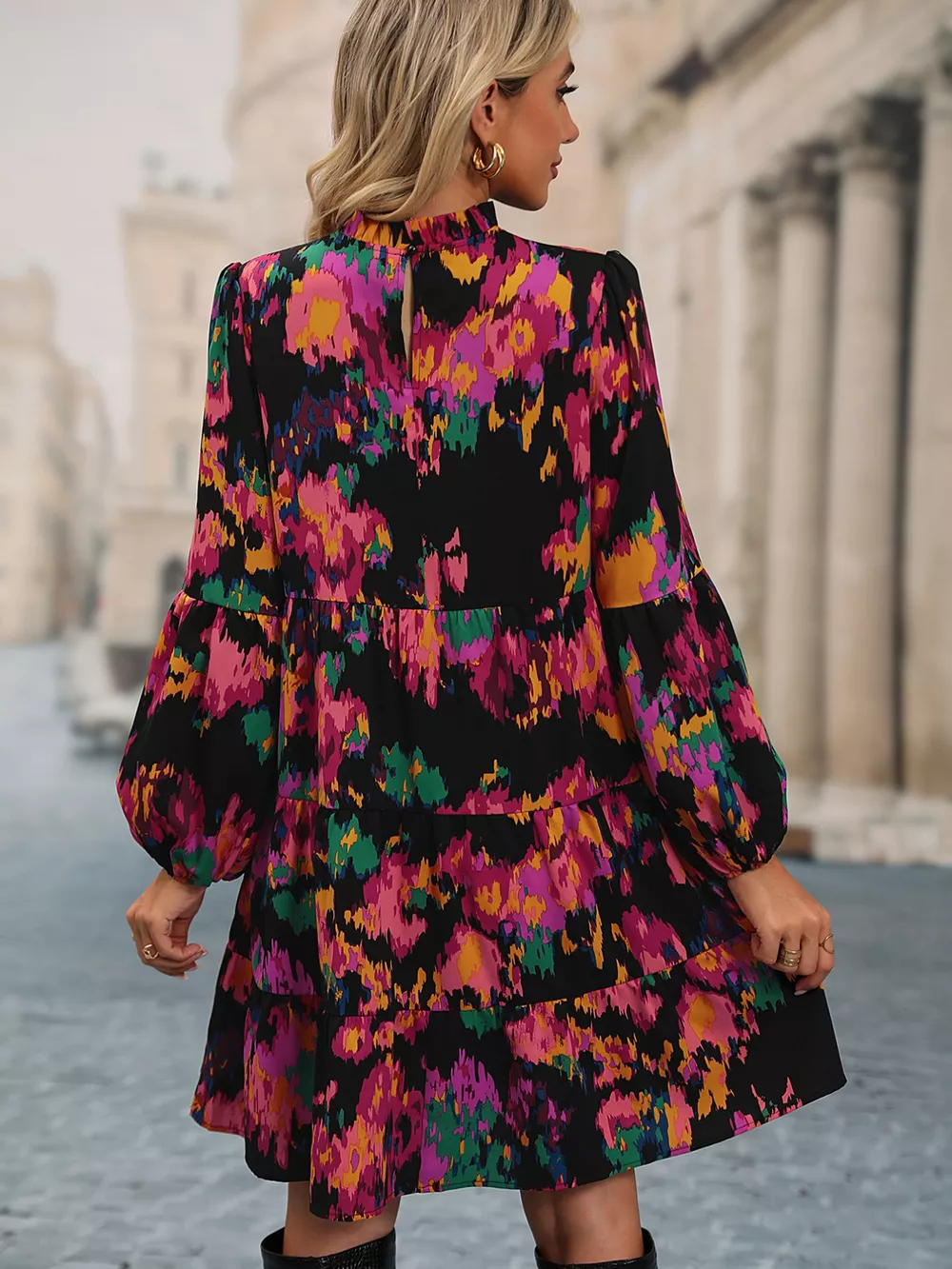 Printed Balloon Sleeve Mini Dress, image 17