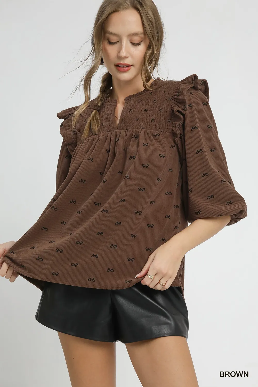 Bow Print Corduroy Puff Sleeve Blouse with Ruffled, image 3