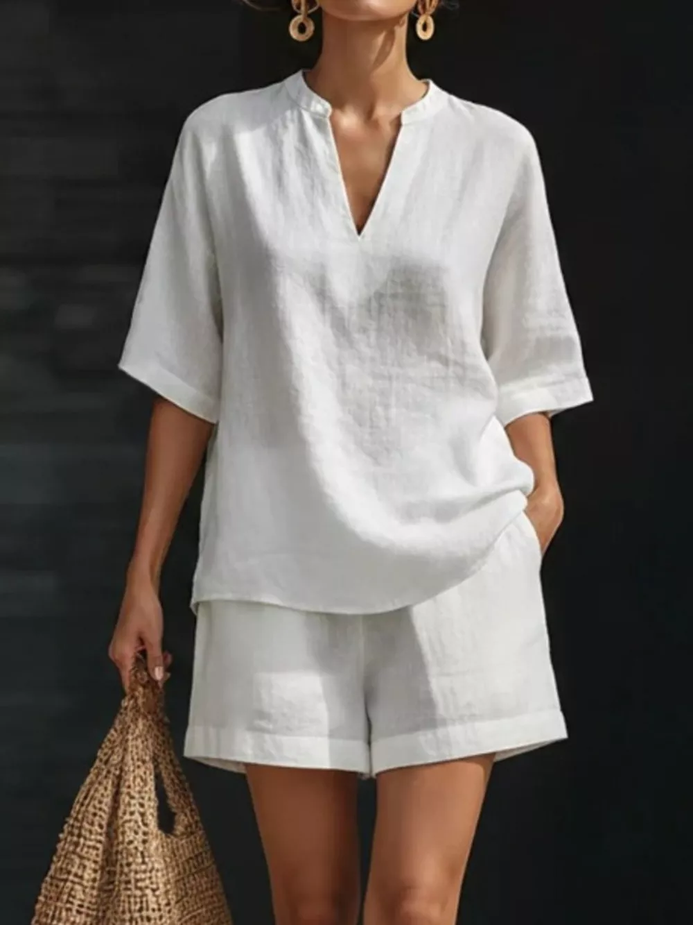 Notched Half Sleeve Top and Shorts Set, image 2