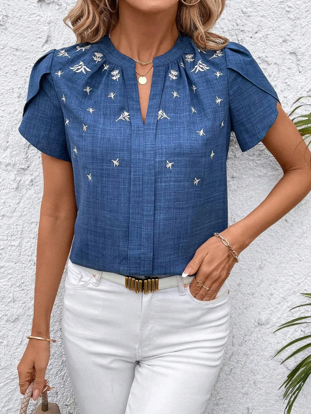 Floral Notched Short Sleeve Blouse, image 22