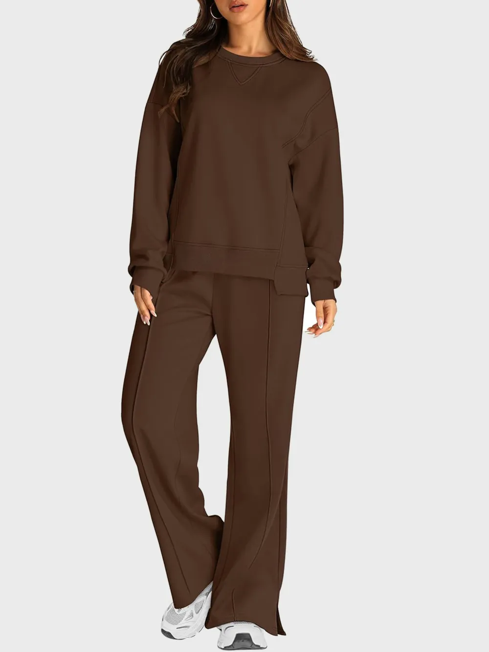 Round Neck Long Sleeve Top and Slit Pants Set, image 22