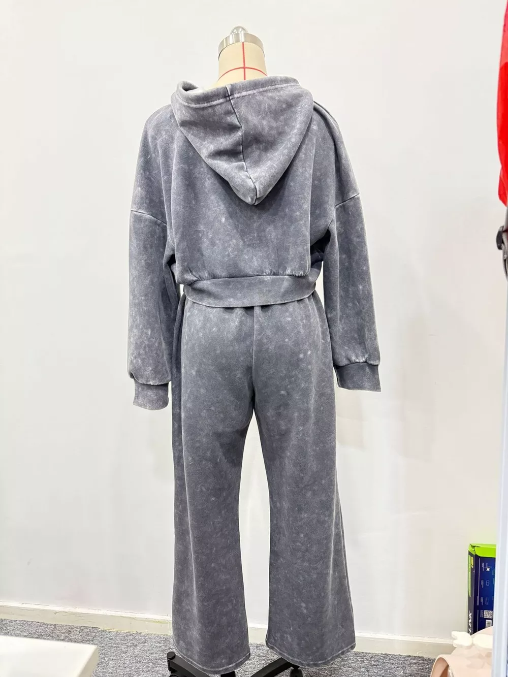 Acid Wash Zip-Up Hoodie and Wide-Leg Sweatpants Set, image 6